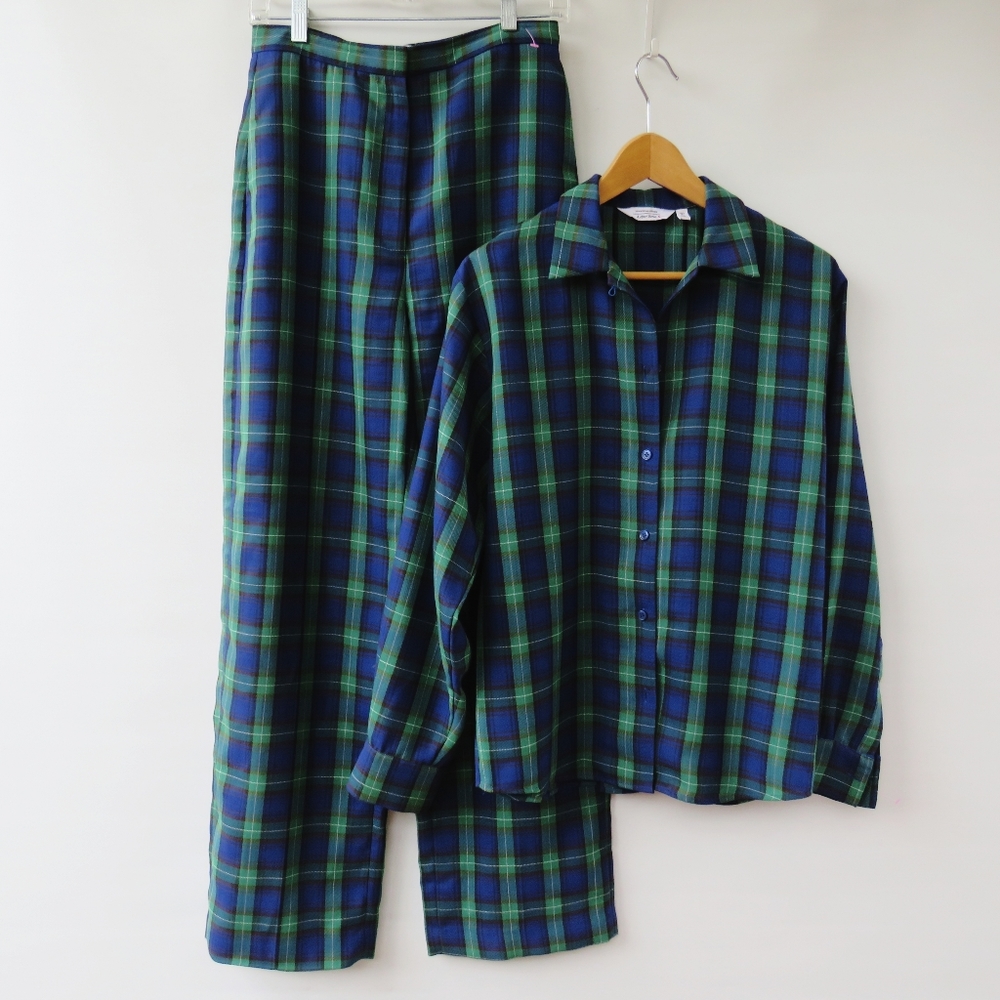 Stockholm Atelier & Other Stories Blue Green Tartan Plaid Top Pant Set